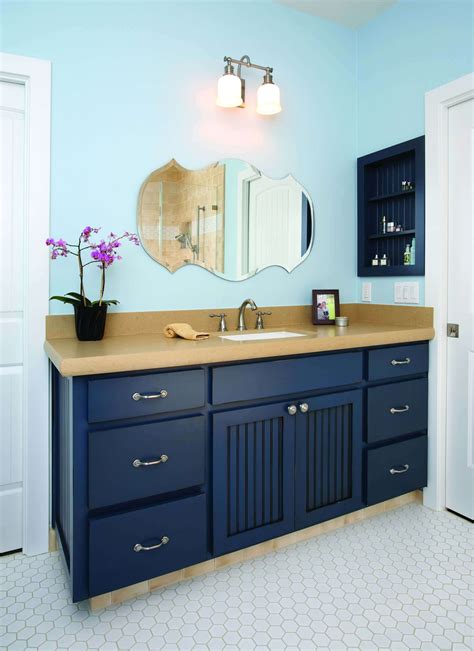 bathroom designs with blue vanity.